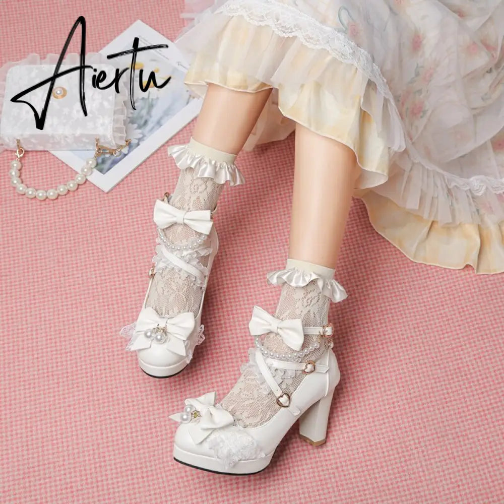 Lolita Japanese Pearl Bow Jk Sweet Cute Strap Super High Heeled Round Head Student Shoes Kawaii Girl Tea Party Cos Loli Vintage Aiertu