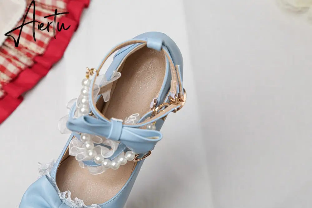 Lolita Japanese Pearl Bow Jk Sweet Cute Strap Super High Heeled Round Head Student Shoes Kawaii Girl Tea Party Cos Loli Vintage Aiertu