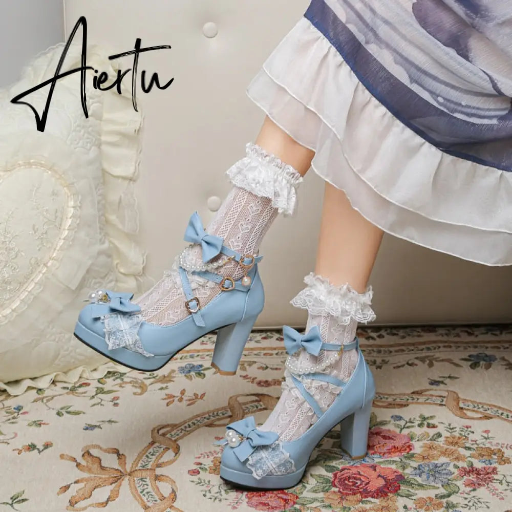 Lolita Japanese Pearl Bow Jk Sweet Cute Strap Super High Heeled Round Head Student Shoes Kawaii Girl Tea Party Cos Loli Vintage Aiertu