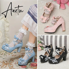 Lolita Japanese Pearl Bow Jk Sweet Cute Strap Super High Heeled Round Head Student Shoes Kawaii Girl Tea Party Cos Loli Vintage Aiertu