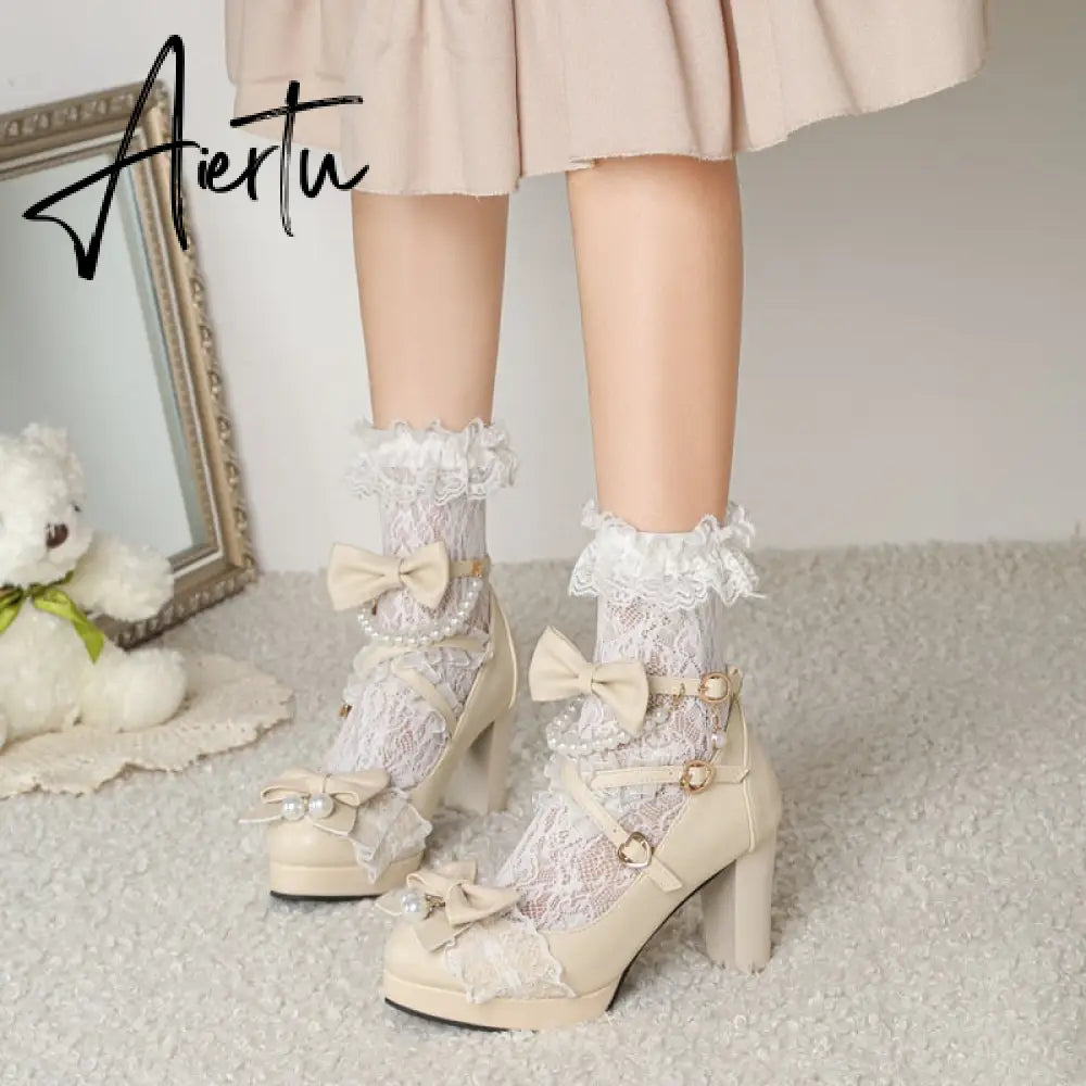 Lolita Japanese Pearl Bow Jk Sweet Cute Strap Super High Heeled Round Head Student Shoes Kawaii Girl Tea Party Cos Loli Vintage Aiertu