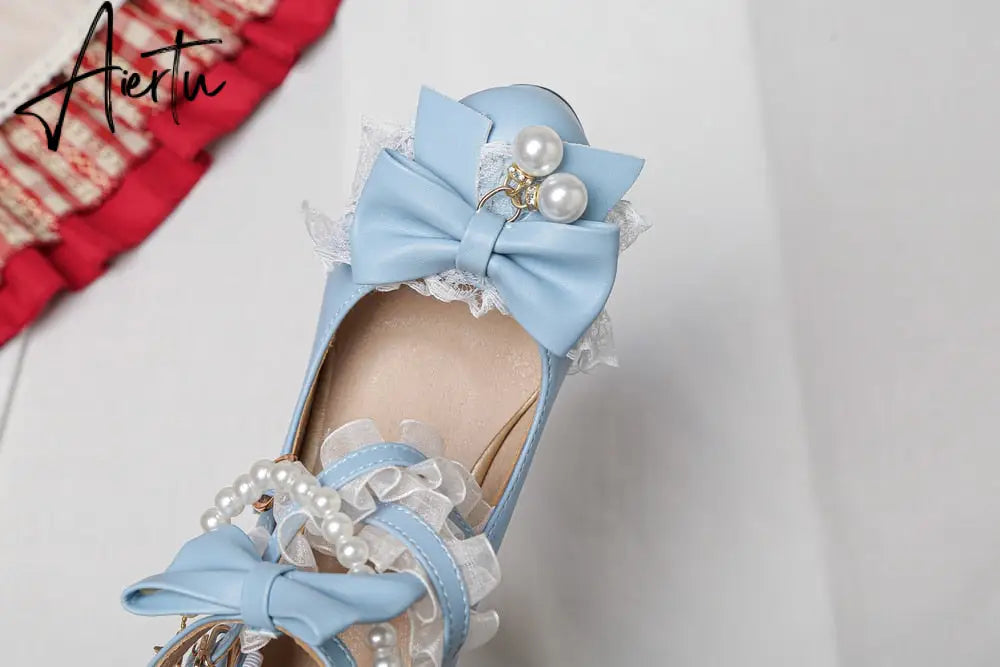 Lolita Japanese Pearl Bow Jk Sweet Cute Strap Super High Heeled Round Head Student Shoes Kawaii Girl Tea Party Cos Loli Vintage Aiertu