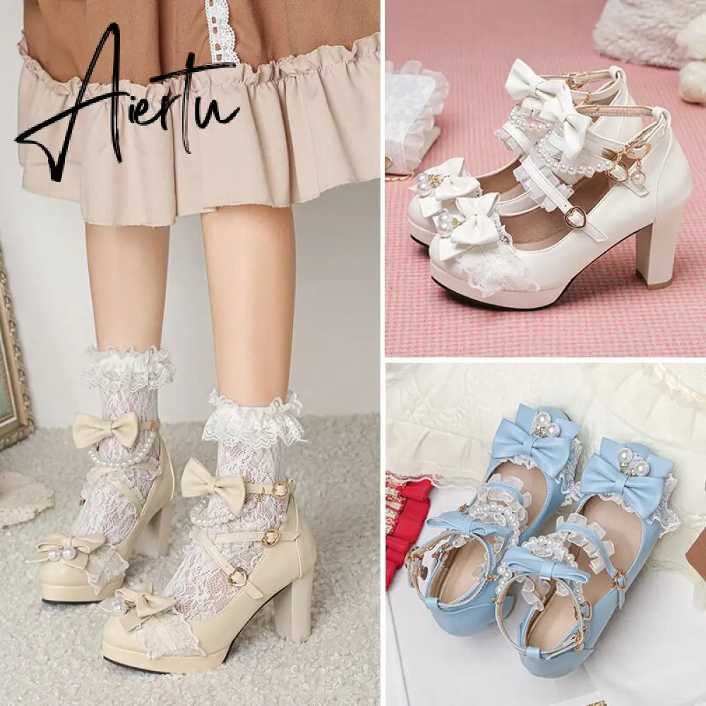 Lolita Japanese Pearl Bow Jk Sweet Cute Strap Super High Heeled Round Head Student Shoes Kawaii Girl Tea Party Cos Loli Vintage Aiertu