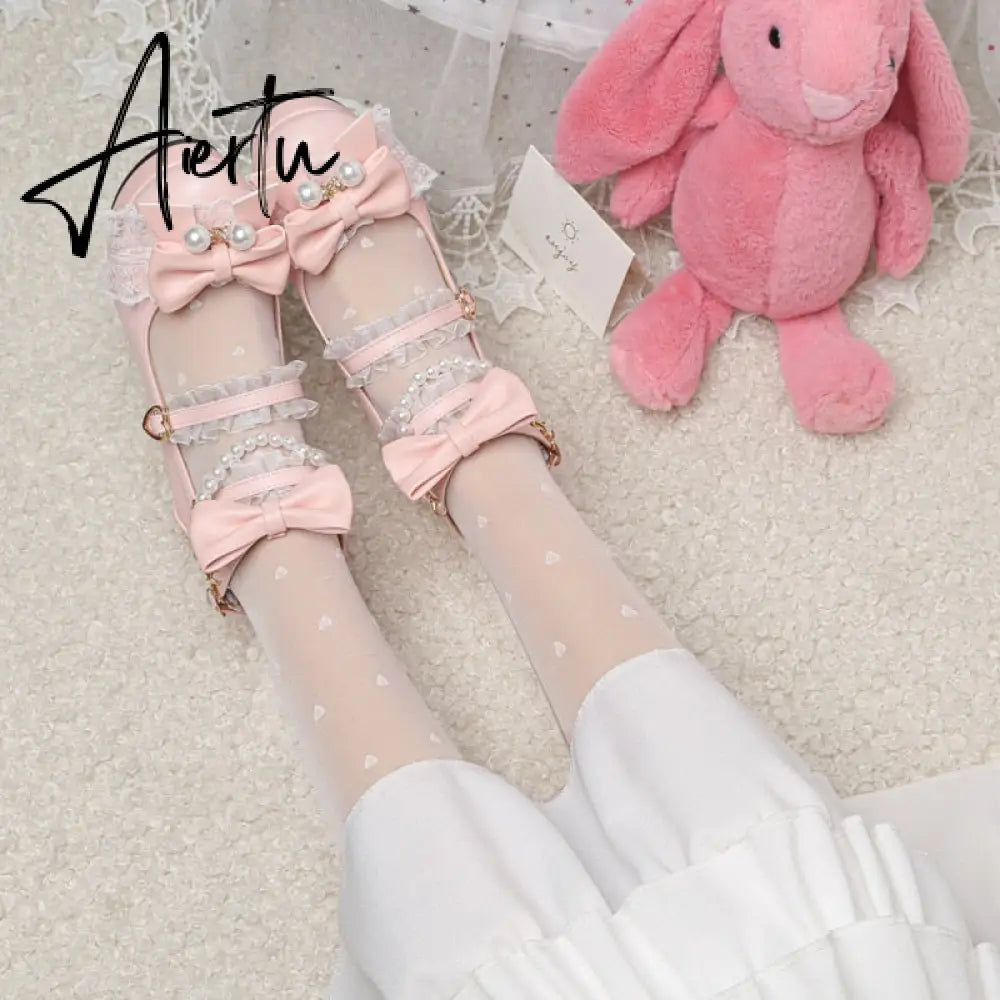 Lolita Japanese Pearl Bow Jk Sweet Cute Strap Super High Heeled Round Head Student Shoes Kawaii Girl Tea Party Cos Loli Vintage Aiertu