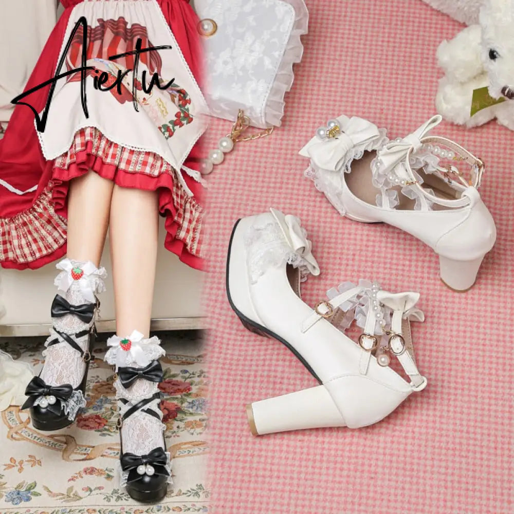 Lolita Japanese Pearl Bow Jk Sweet Cute Strap Super High Heeled Round Head Student Shoes Kawaii Girl Tea Party Cos Loli Vintage Aiertu