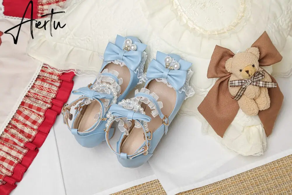 Lolita Japanese Pearl Bow Jk Sweet Cute Strap Super High Heeled Round Head Student Shoes Kawaii Girl Tea Party Cos Loli Vintage Aiertu