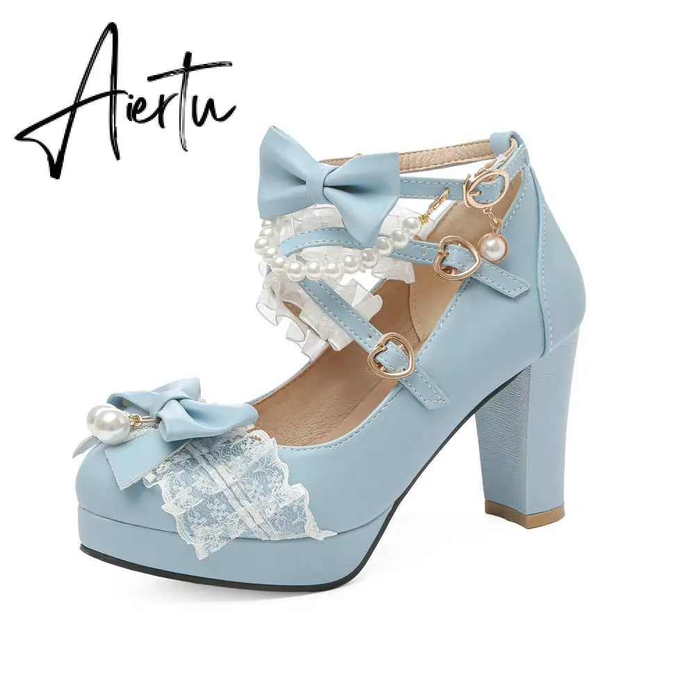 Lolita Japanese Pearl Bow Jk Sweet Cute Strap Super High Heeled Round Head Student Shoes Kawaii Girl Tea Party Cos Loli Vintage Aiertu