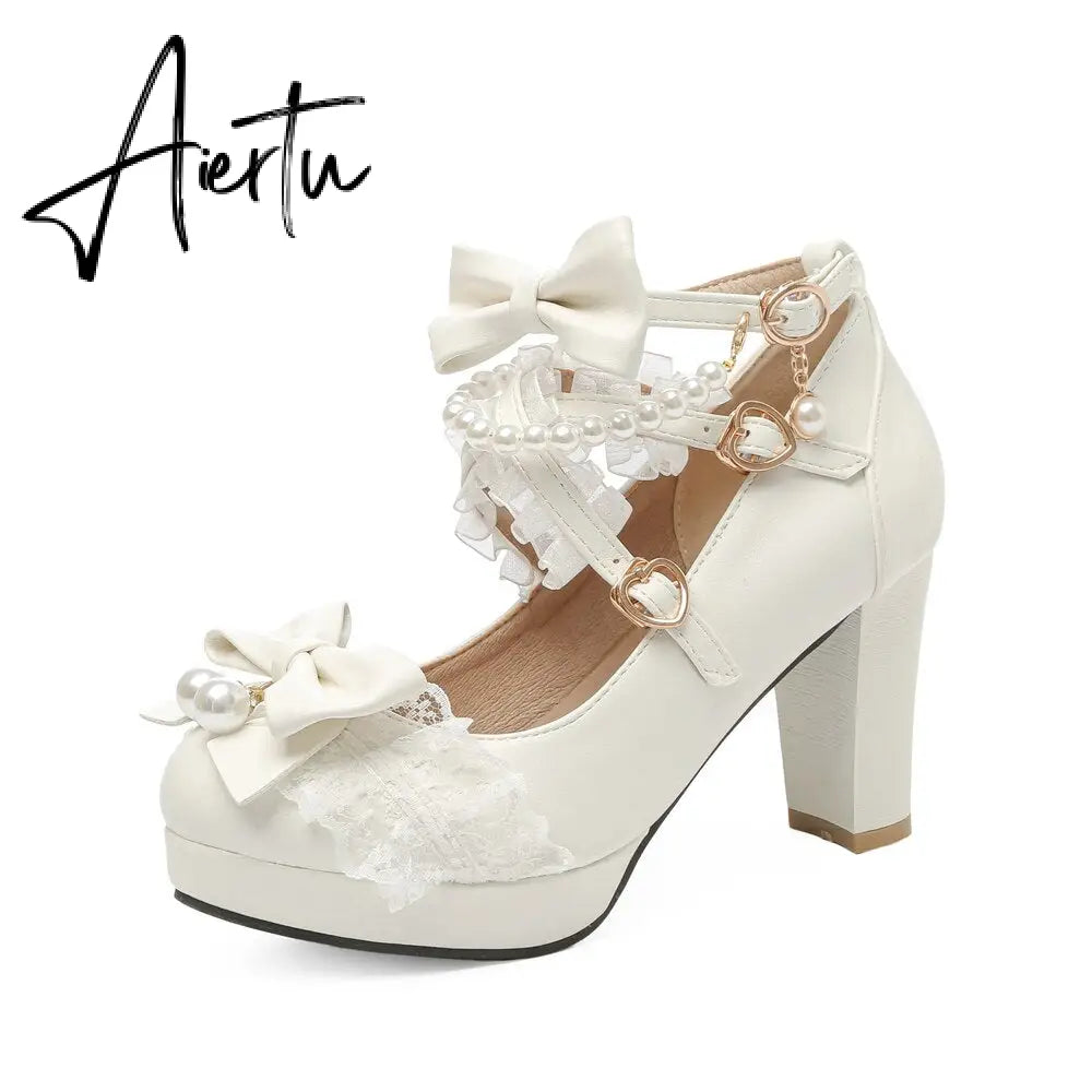 Lolita Japanese Pearl Bow Jk Sweet Cute Strap Super High Heeled Round Head Student Shoes Kawaii Girl Tea Party Cos Loli Vintage Aiertu