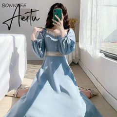 Long Sleeve Dress Women Fall Retro Fashion French Romance Ladies Empire Vestidos Soft Holiday Ruffles Ins Femme A-line Sundress Aiertu