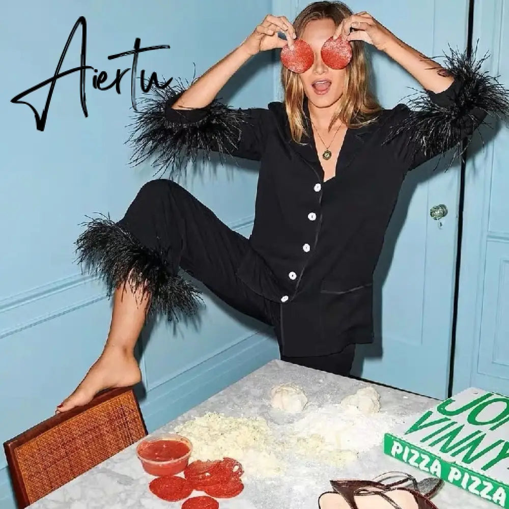 Long Sleeved 100% Ostrich Feather Pajamas for Women Casual Sleepwear Factory Outlet Two Piece Pajama Set Pajama Party Wear Aiertu