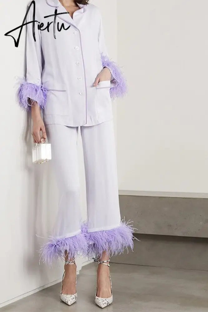 Long Sleeved 100% Ostrich Feather Pajamas for Women Casual Sleepwear Factory Outlet Two Piece Pajama Set Pajama Party Wear Aiertu