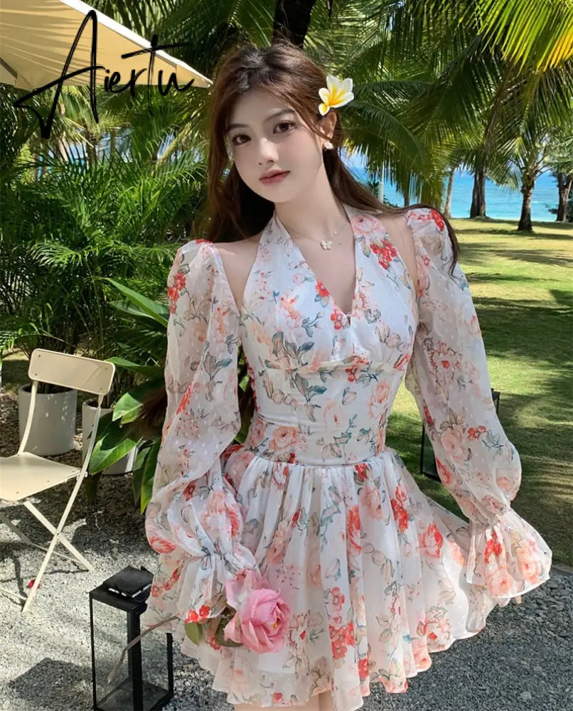 Long Sleeved Floral Dress Summer French Chiffon V-Neck Off Shoulder Slim Halterneck Mini Women Short Sundress Beachwe Aiertu