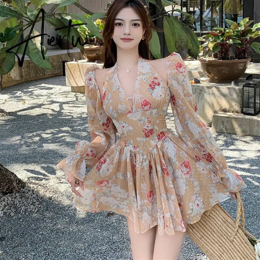 Long Sleeved Floral Dress Summer French Chiffon V-Neck Off Shoulder Slim Halterneck Mini Women Short Sundress Beachwe Aiertu