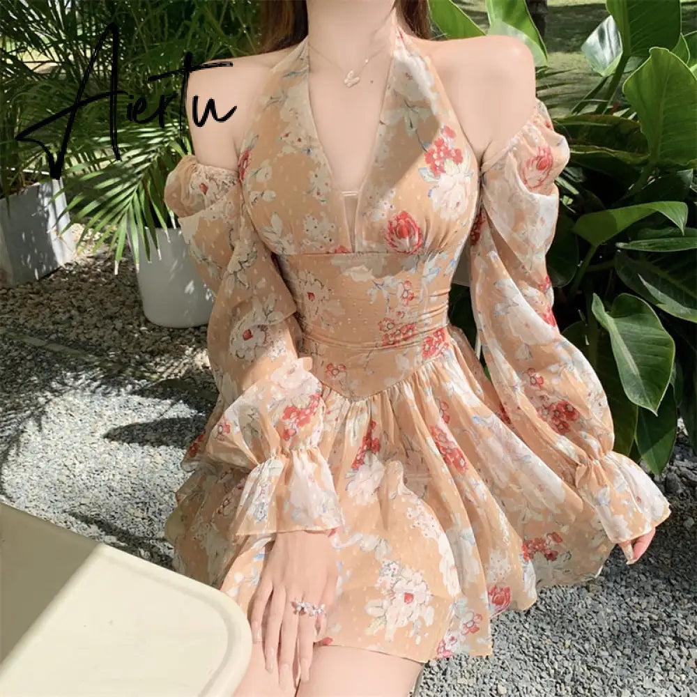 Long Sleeved Floral Dress Summer French Chiffon V-Neck Off Shoulder Slim Halterneck Mini Women Short Sundress Beachwe Aiertu