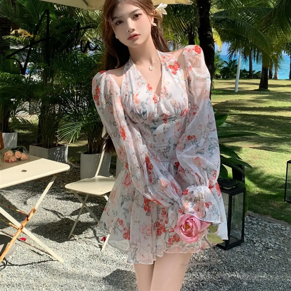 Long Sleeved Floral Dress Summer French Chiffon V-Neck Off Shoulder Slim Halterneck Mini Women Short Sundress Beachwe Aiertu