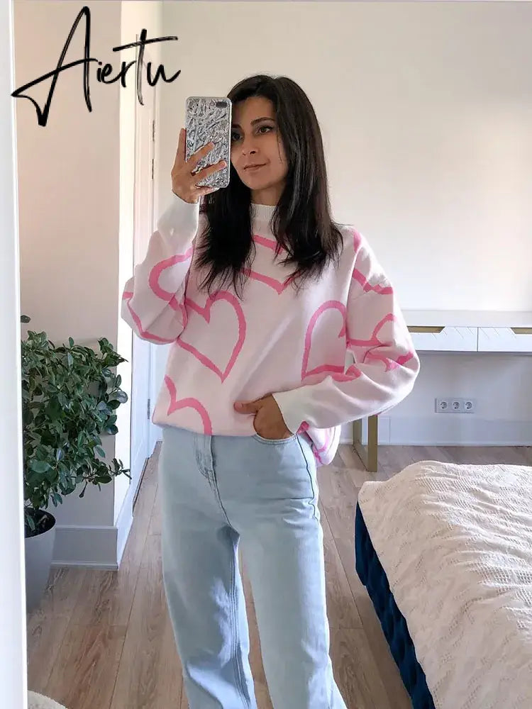 Loose Heart Contrast Color Sweater Oversize Women Autumn Winter Knitted Pullovers Oversized Sweaters For Women Aiertu