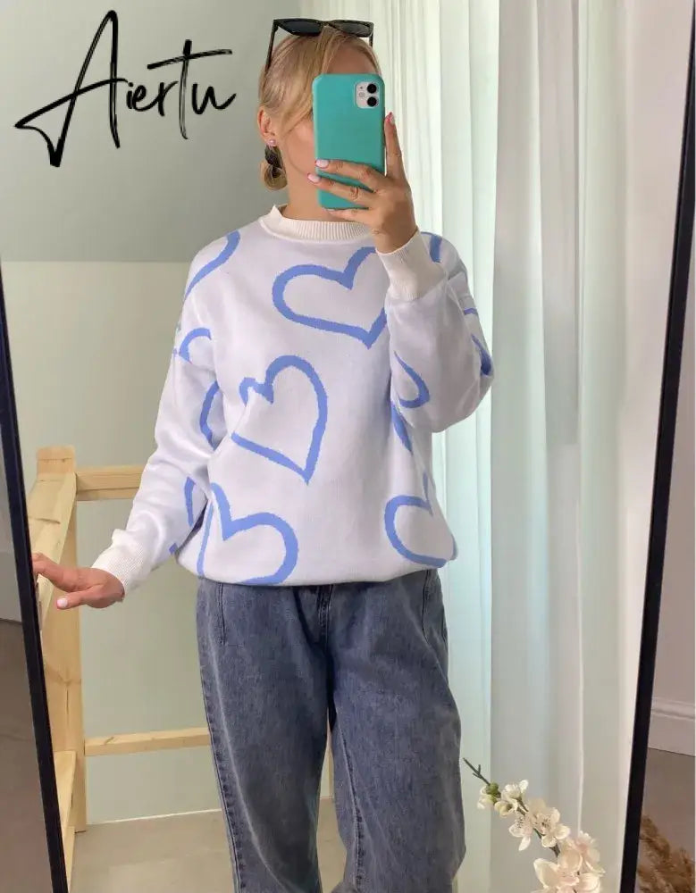 Loose Heart Contrast Color Sweater Oversize Women Autumn Winter Knitted Pullovers Oversized Sweaters For Women Aiertu