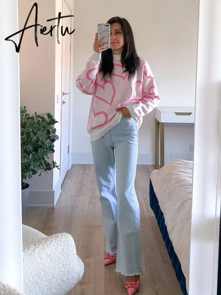 Loose Heart Contrast Color Sweater Oversize Women Autumn Winter Knitted Pullovers Oversized Sweaters For Women Aiertu
