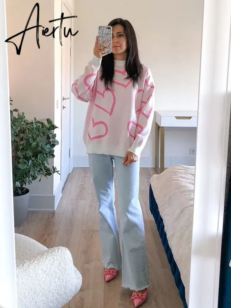 Loose Heart Contrast Color Sweater Oversize Women Autumn Winter Knitted Pullovers Oversized Sweaters For Women Aiertu