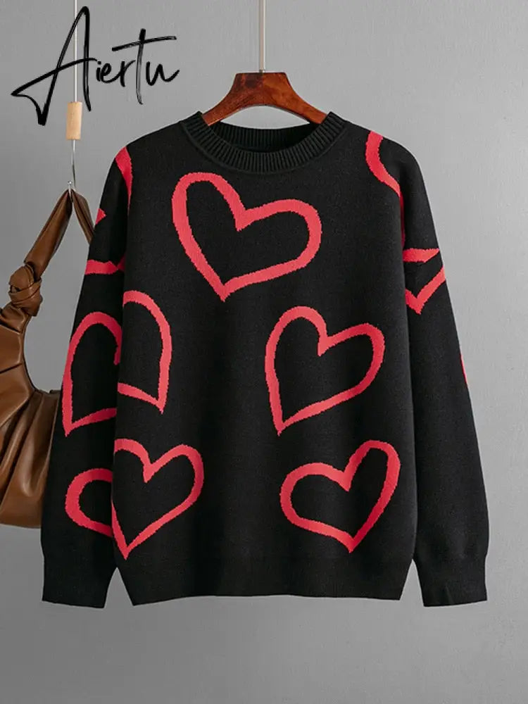Loose Heart Contrast Color Sweater Oversize Women Autumn Winter Knitted Pullovers Oversized Sweaters For Women Aiertu
