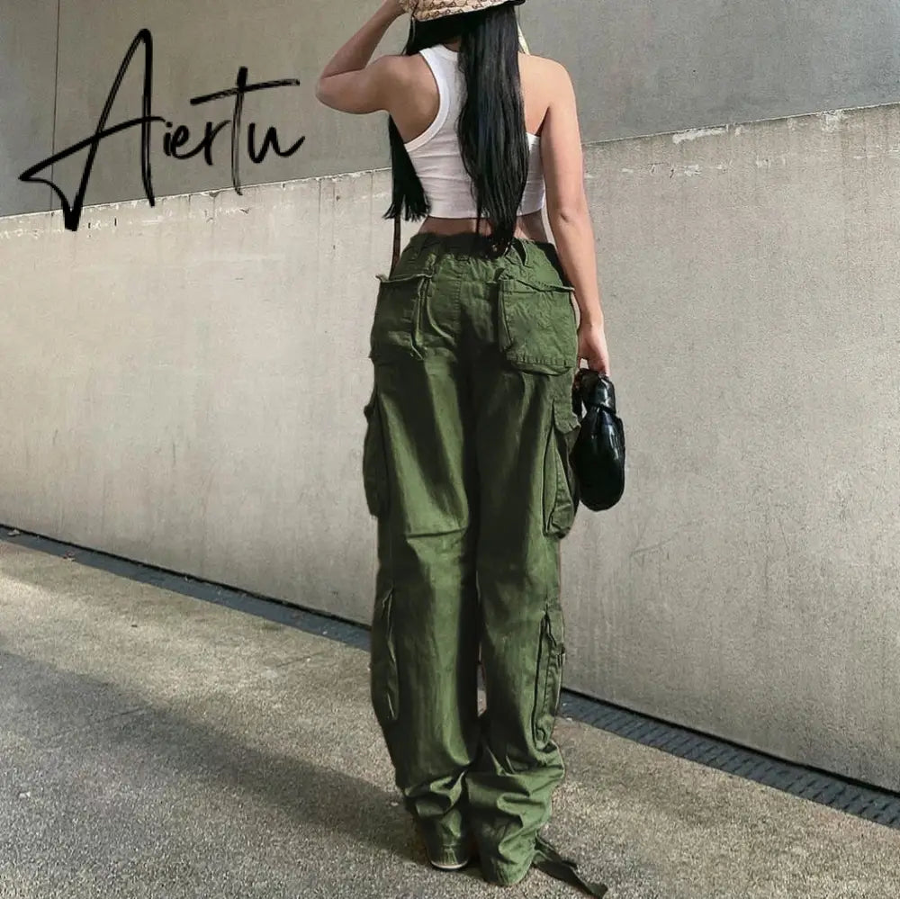Loose low waist retro multi pocket denim pants street cargo pants  denim joggers  Casual  Wild style Aiertu