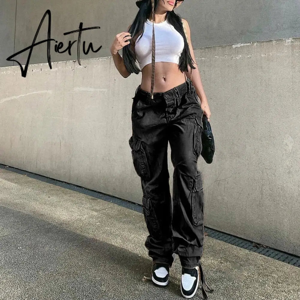 Loose low waist retro multi pocket denim pants street cargo pants  denim joggers  Casual  Wild style Aiertu
