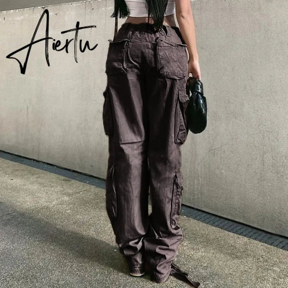 Loose low waist retro multi pocket denim pants street cargo pants  denim joggers  Casual  Wild style Aiertu