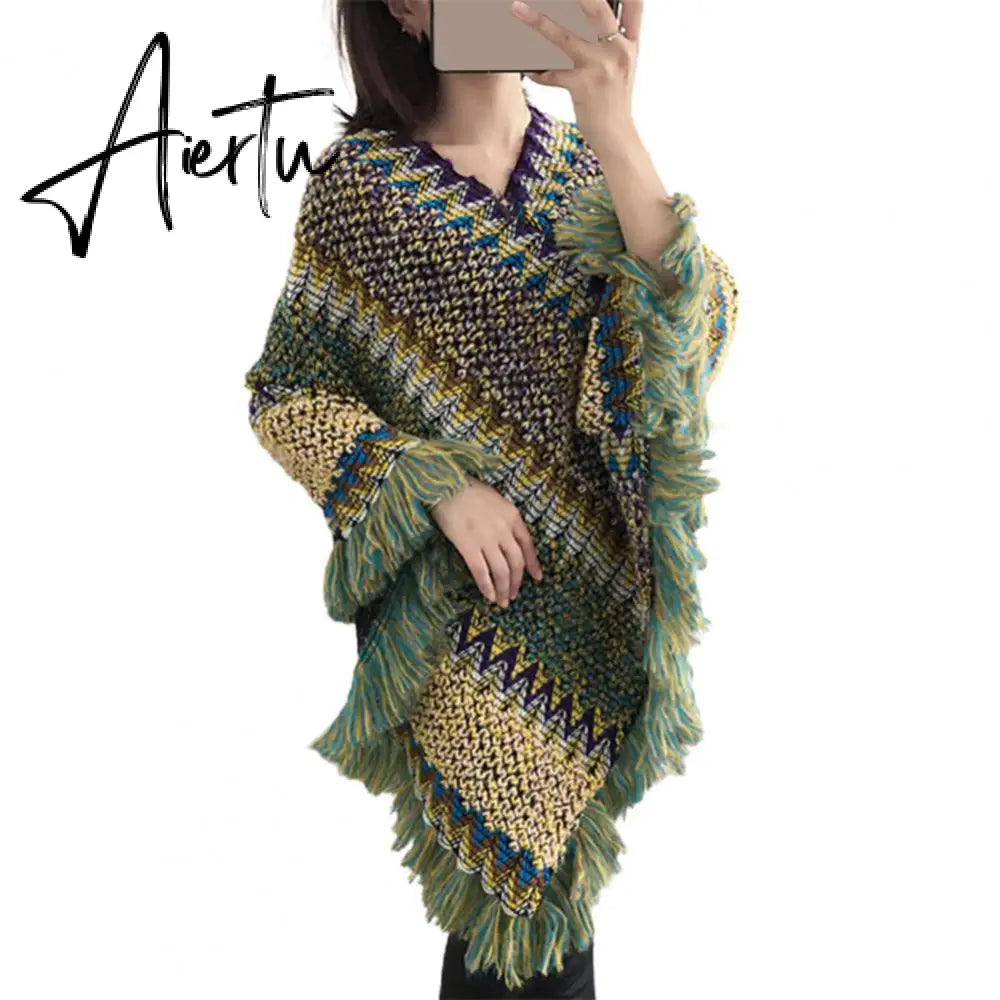 Loose Women Cape Coat Boho Knitted Tassel V Neck Colorful Irregular Hem Autumn Winter Ladies Coat Sweater Cloak Jacket Sweater Aiertu