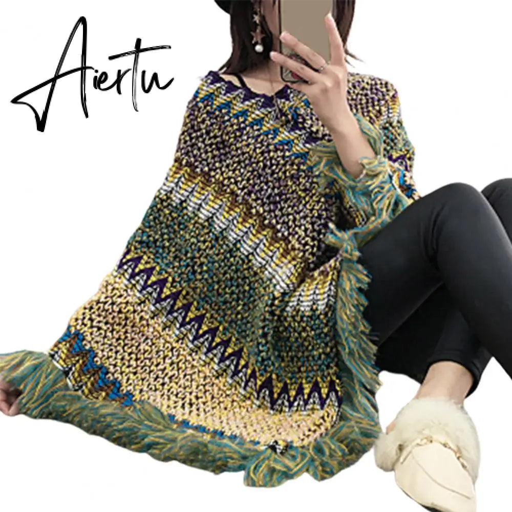 Loose Women Cape Coat Boho Knitted Tassel V Neck Colorful Irregular Hem Autumn Winter Ladies Coat Sweater Cloak Jacket Sweater Aiertu
