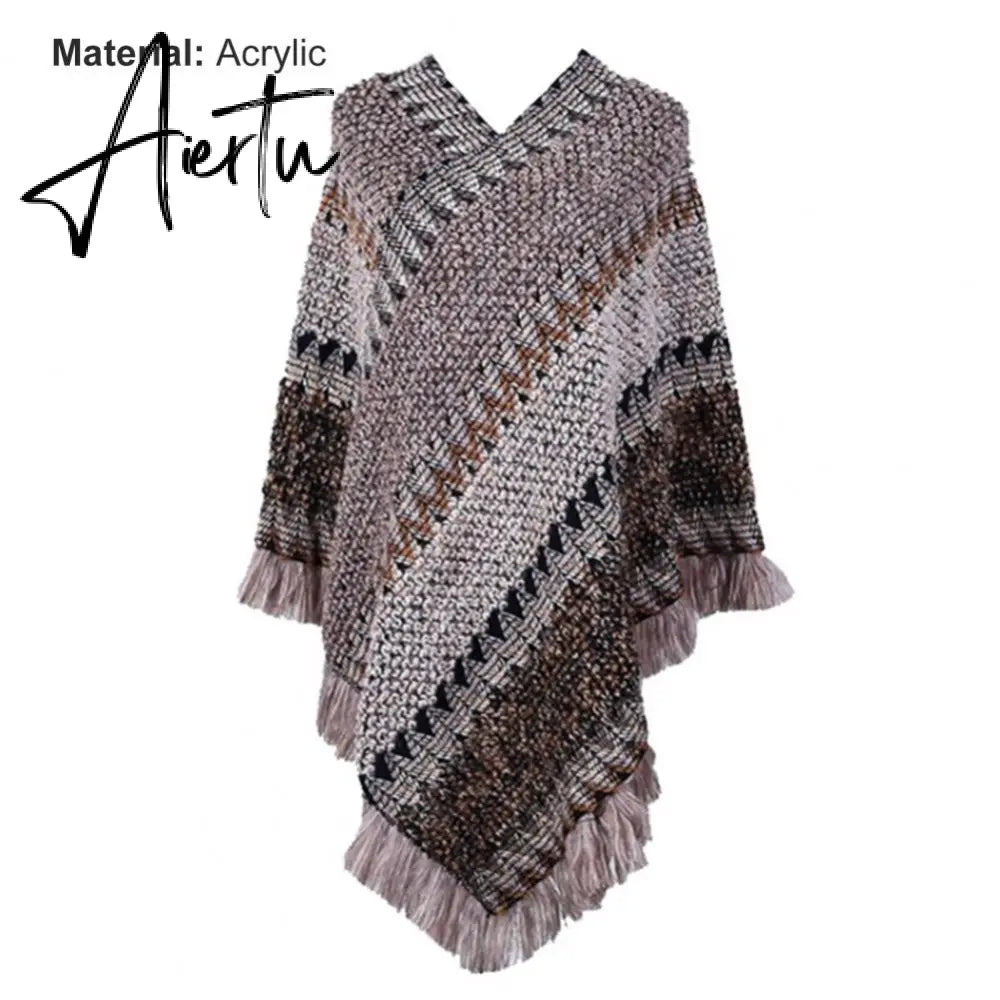 Loose Women Cape Coat Boho Knitted Tassel V Neck Colorful Irregular Hem Autumn Winter Ladies Coat Sweater Cloak Jacket Sweater Aiertu