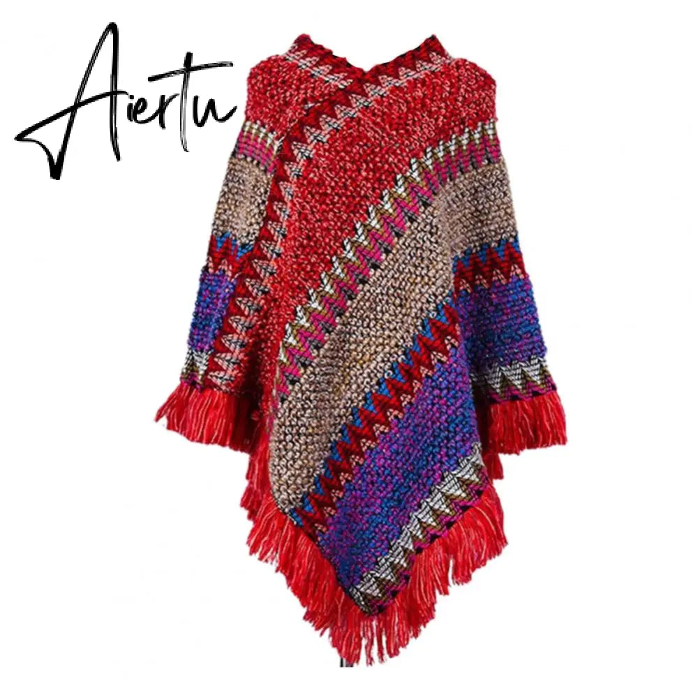 Loose Women Cape Coat Boho Knitted Tassel V Neck Colorful Irregular Hem Autumn Winter Ladies Coat Sweater Cloak Jacket Sweater Aiertu
