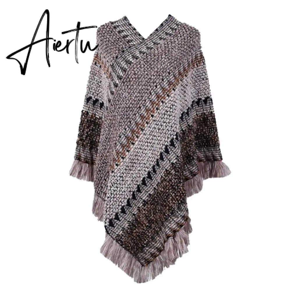 Loose Women Cape Coat Boho Knitted Tassel V Neck Colorful Irregular Hem Autumn Winter Ladies Coat Sweater Cloak Jacket Sweater Aiertu