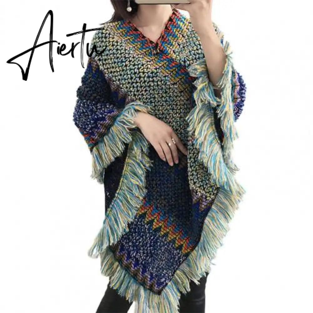 Loose Women Cape Coat Boho Knitted Tassel V Neck Colorful Irregular Hem Autumn Winter Ladies Coat Sweater Cloak Jacket Sweater Aiertu