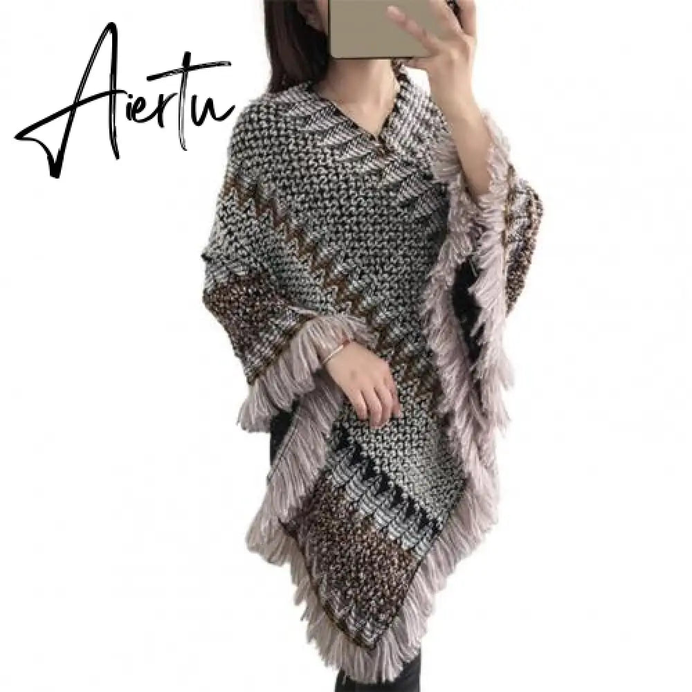 Loose Women Cape Coat Boho Knitted Tassel V Neck Colorful Irregular Hem Autumn Winter Ladies Coat Sweater Cloak Jacket Sweater Aiertu