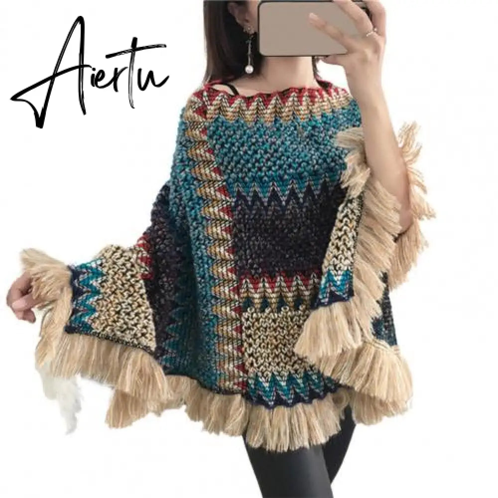 Loose Women Cape Coat Boho Knitted Tassel V Neck Colorful Irregular Hem Autumn Winter Ladies Coat Sweater Cloak Jacket Sweater Aiertu