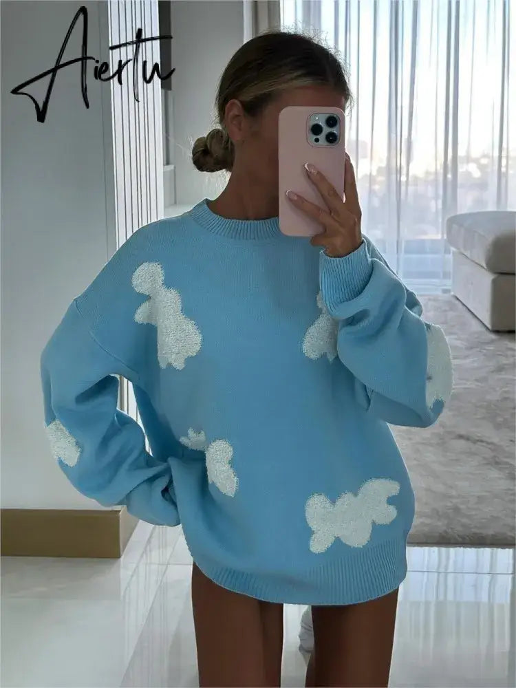 Love Embroidery Women's Knitting Sweaters Sweet Chic Long Sleeved O-neck Pullovers  New Female Casual Fashion Sweater Aiertu