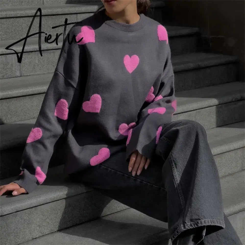 Love Embroidery Women's Knitting Sweaters Sweet Chic Long Sleeved O-neck Pullovers  New Female Casual Fashion Sweater Aiertu