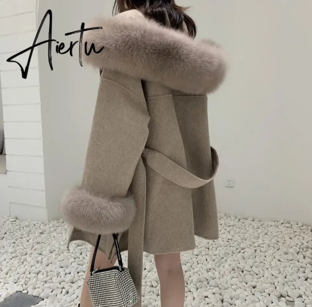 Luxury famous Real Cashmere wool & blends Coat Women"s winter women's cold coat With Natural Fox Fur collar abrigos mujer Aiertu