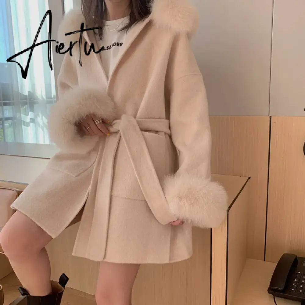 Luxury famous Real Cashmere wool & blends Coat Women"s winter women's cold coat With Natural Fox Fur collar abrigos mujer Aiertu