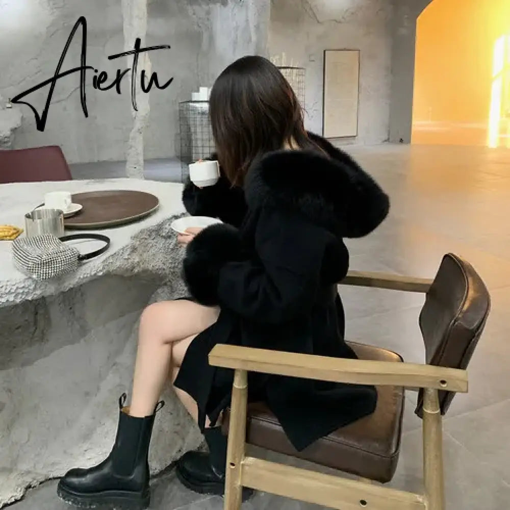 Luxury famous Real Cashmere wool & blends Coat Women"s winter women's cold coat With Natural Fox Fur collar abrigos mujer Aiertu