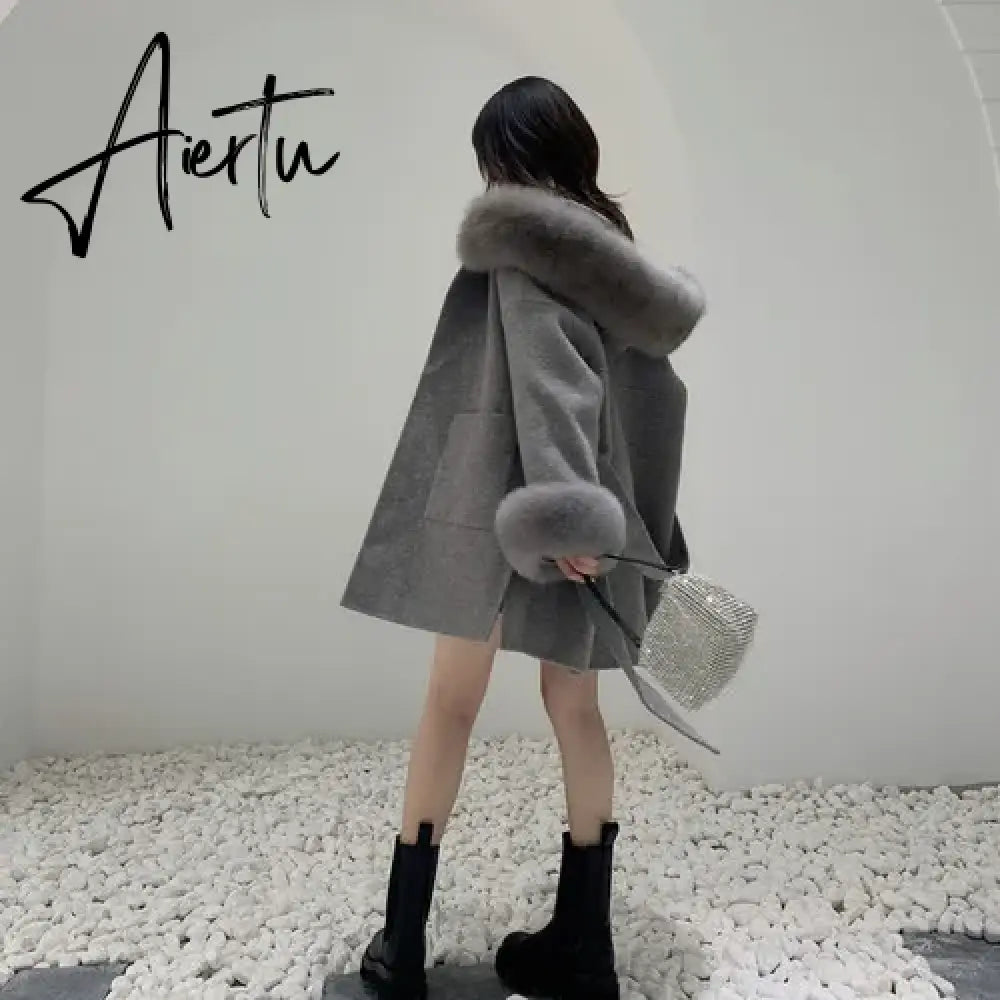 Luxury famous Real Cashmere wool & blends Coat Women"s winter women's cold coat With Natural Fox Fur collar abrigos mujer Aiertu