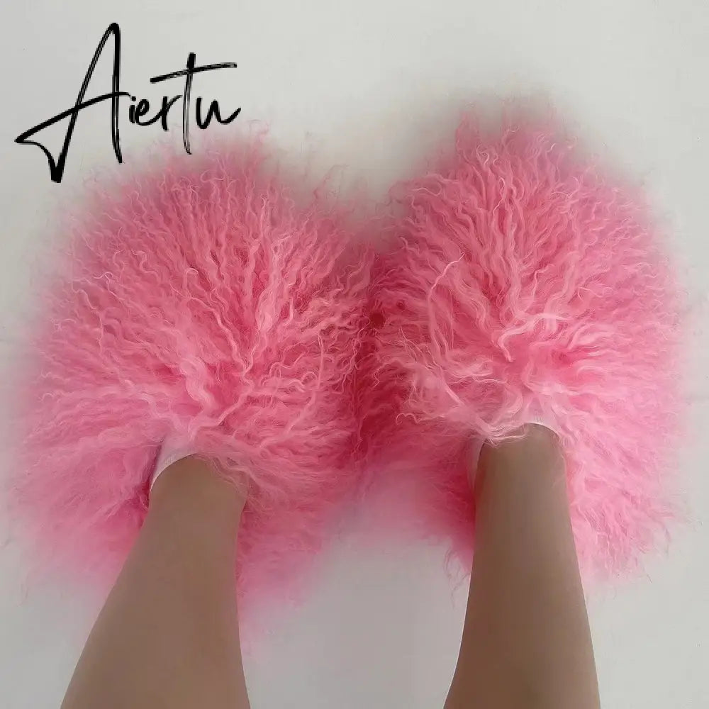 Luxury Fur Slippers Women Round Toe Mongolian Fur Slides Woman Shoes Women Flat Half Slippers Aiertu