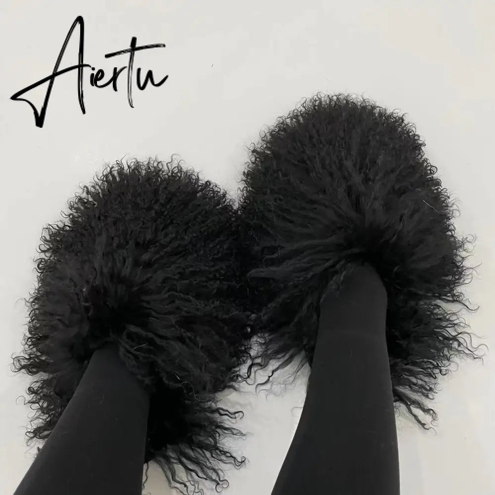 Luxury Fur Slippers Women Round Toe Mongolian Fur Slides Woman Shoes Women Flat Half Slippers Aiertu