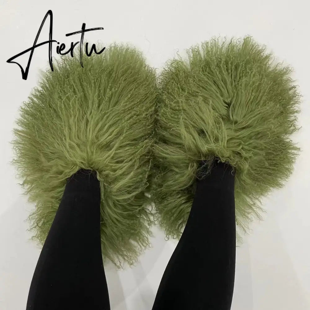 Luxury Fur Slippers Women Round Toe Mongolian Fur Slides Woman Shoes Women Flat Half Slippers Aiertu