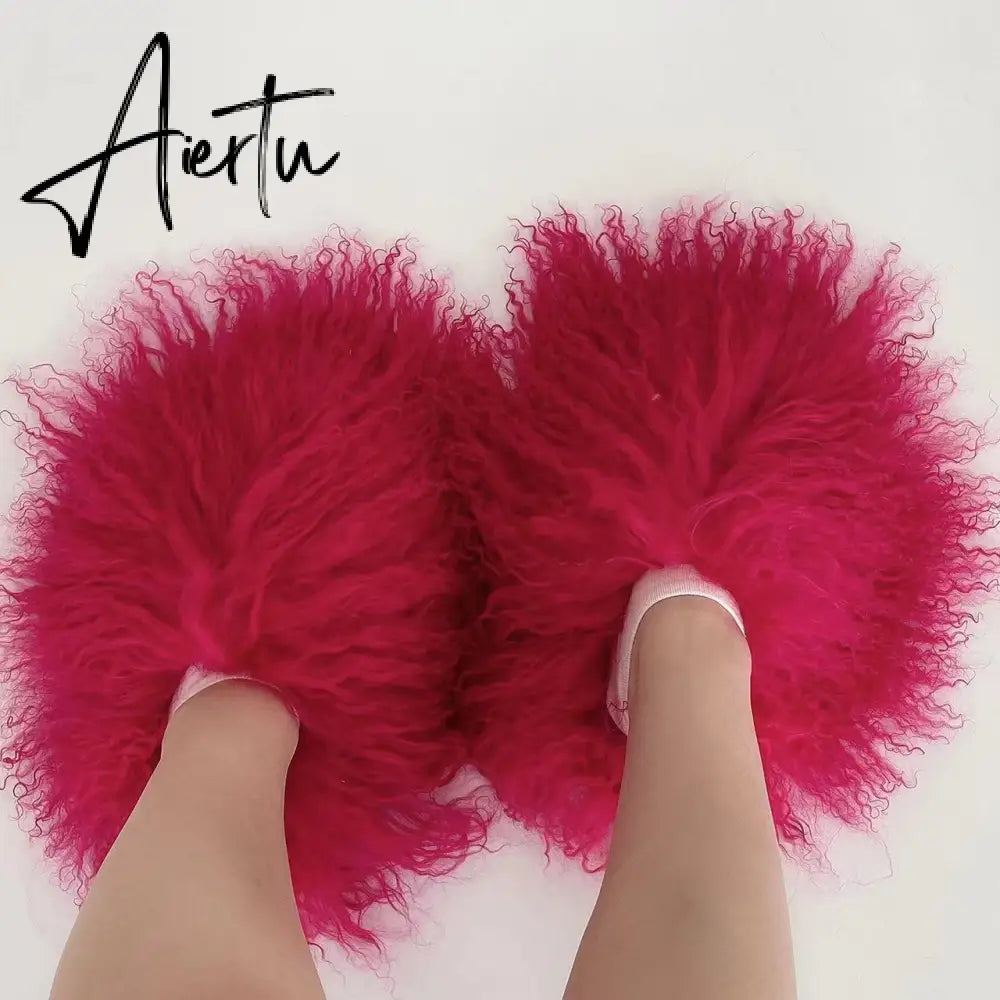 Luxury Fur Slippers Women Round Toe Mongolian Fur Slides Woman Shoes Women Flat Half Slippers Aiertu