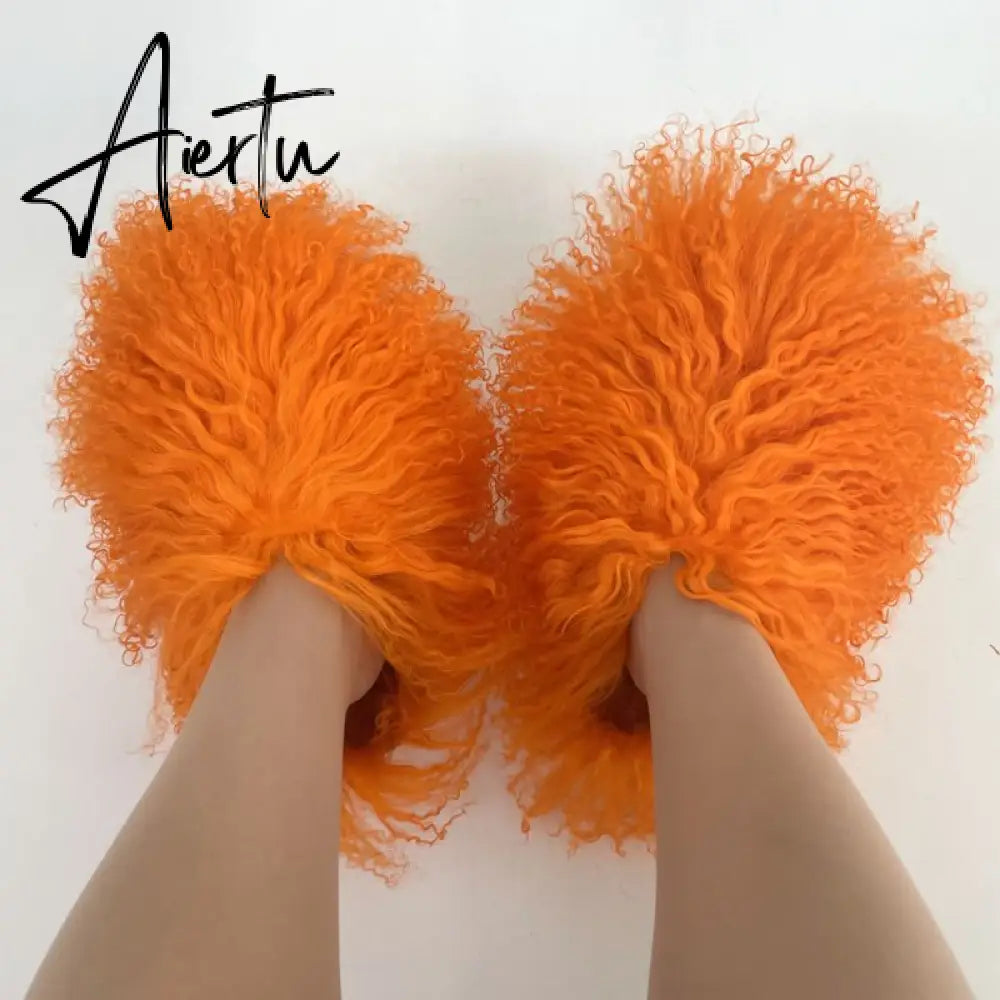 Luxury Fur Slippers Women Round Toe Mongolian Fur Slides Woman Shoes Women Flat Half Slippers Aiertu