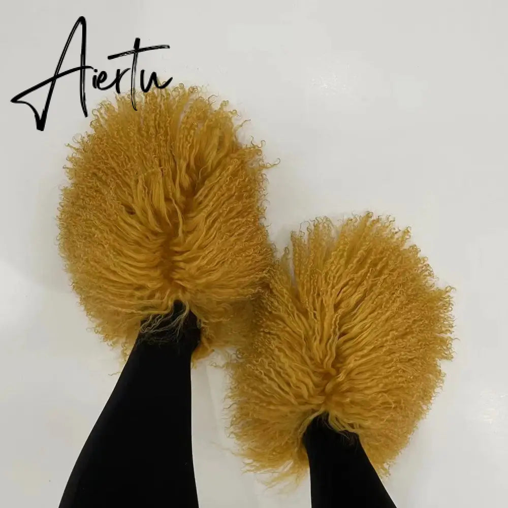 Luxury Fur Slippers Women Round Toe Mongolian Fur Slides Woman Shoes Women Flat Half Slippers Aiertu