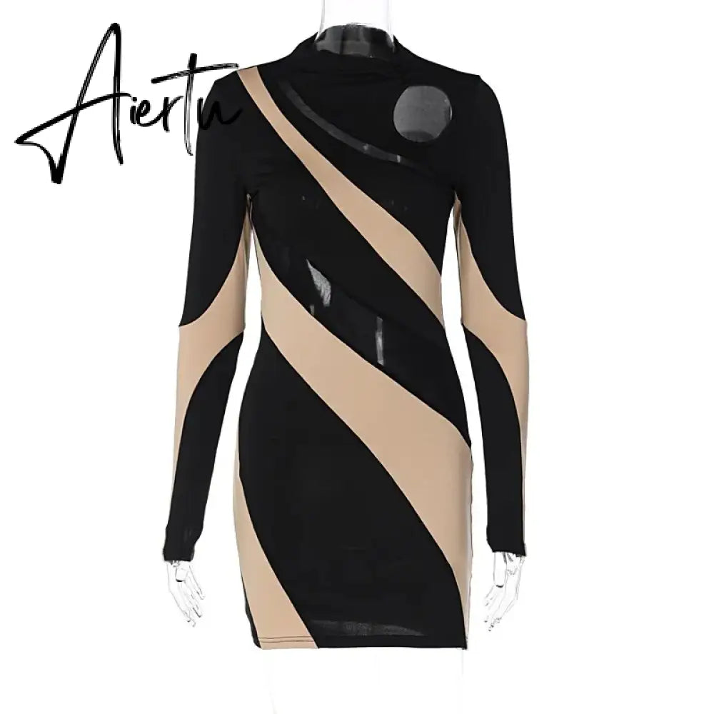Matching Color Long Sleeve Hollow Out Sexy Slim Mini Dress  Spring Women Fashion Outfit Streetwear Party Nightclub Aiertu