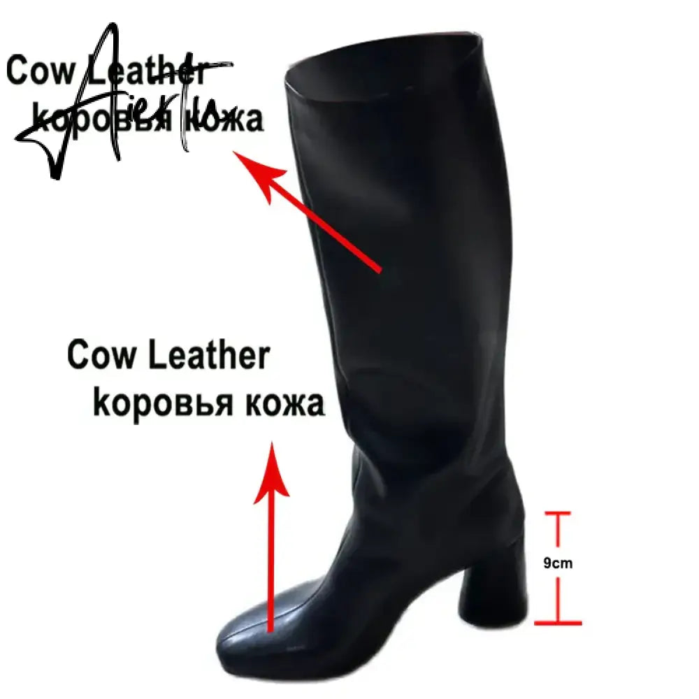 Meotina Women Genuine Leather Knee High Boots Square Toe Chunky High Heels Zipper Long Boots Lady Fashion Shoes Autumn Winter 43 Aiertu