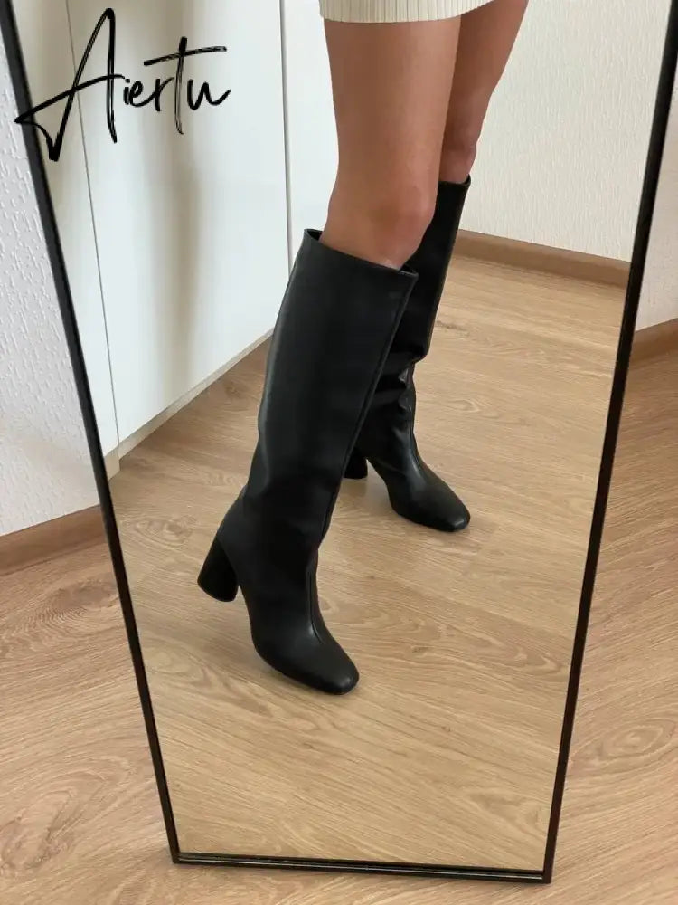 Meotina Women Genuine Leather Knee High Boots Square Toe Chunky High Heels Zipper Long Boots Lady Fashion Shoes Autumn Winter 43 Aiertu
